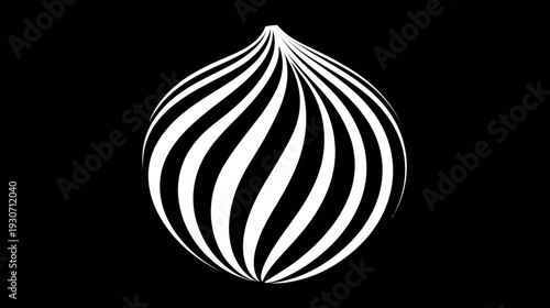 Black and white abstract artwork featuring a vertically oriented, swirled, and striped design