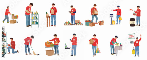 Young Man Actively Volunteering in Various Aspects of a Food Drive, from Collection and Organization to Distribution, Supporting Community Charity Efforts.