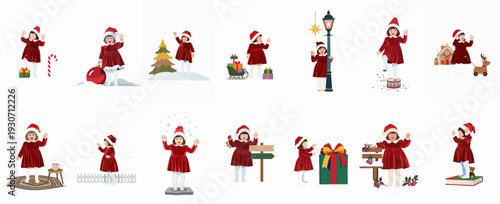 A collection of cute cartoon illustrations featuring a happy little girl in a Santa dress interacting with various Christmas holiday elements and winter scenes.