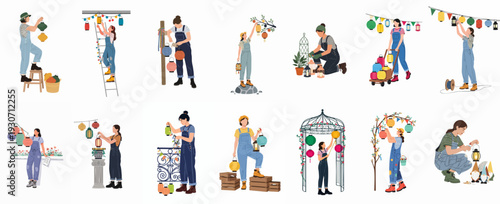 Women Decorating Outdoor Spaces with Colorful Lanterns and Lights, Preparing for Festive Garden Events and Celebrations.