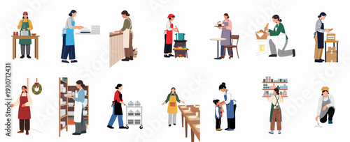 Diverse individuals engaged in various roles related to food preparation, service, cleaning, and community support, highlighting hospitality and helpfulness.
