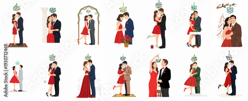 Romantic Mistletoe Moments: Elegant Couples Kissing and Embracing in Various Festive Holiday Celebrations.