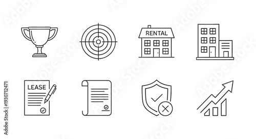 A collection of business icons on a black background for marketing purposes