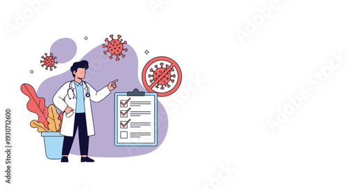 Male doctor in a white coat pointing to a medical checklist with virus icons and a stop sign on a purple background.