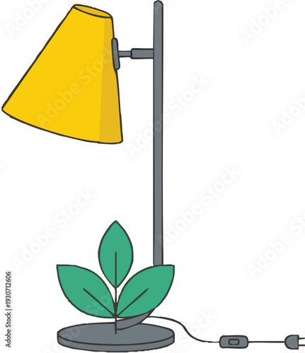 Minimalist flat vector illustration of a modern yellow bedside lamp featuring a decorative green leaf at the base and an electric power cord symbolizing sustainable home lighting.