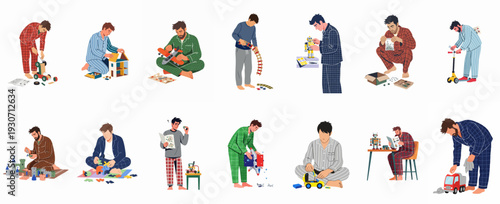 Men in pajamas assemble, repair, and play with various toys and models, illustrating hobbies, relaxation, and focused creative activity at home.