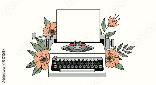 Vintage typewriter with a blank sheet of paper decorated with beautiful pink flowers and green leaves on white.