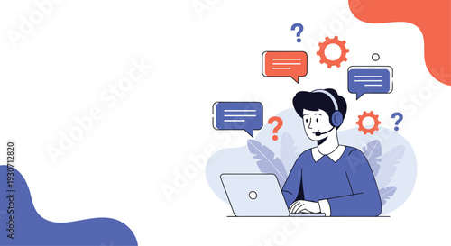 Male customer support representative wearing a headset and working on a laptop computer at his desk in flat style.