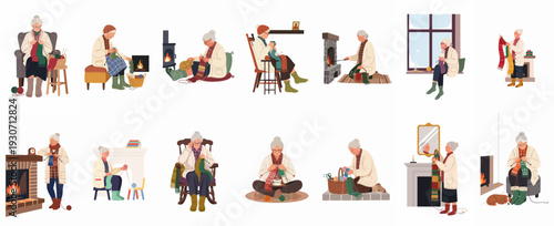 Cozy Winter Hobbies: Senior Women Enjoying Knitting by Fireplaces and Windows in a Collection of Illustrations