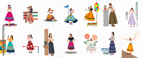 Diverse women in vibrant traditional and festive skirts, capturing moments and celebrating culture with cameras and smartphones.