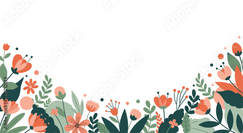 Colorful flower border with various red and peach blossoms and green leaves arranged at the bottom edge of a white background.