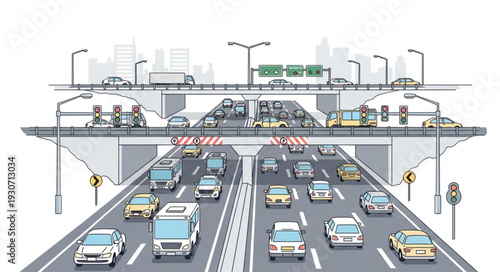 Highway Toll Plaza with Vehicles.