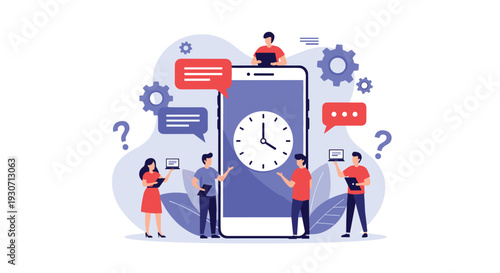 Business people managing time and tasks around a large smartphone displaying a clock face for effective productivity and scheduling.