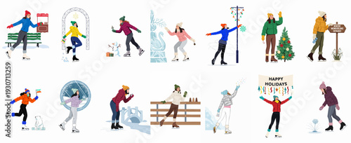 Cheerful individuals enjoy a variety of winter and holiday activities, including ice skating, hot cocoa, snowmen, and festive decorations in a vibrant winter wonderland.