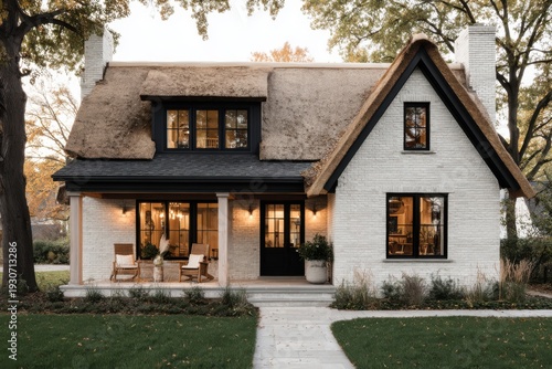 Modern cottage stands surrounded by trees in autumn with a thatched roof and welcoming porch featuring rocking chairs and plants, showing a cozy atmosphere and inviting design