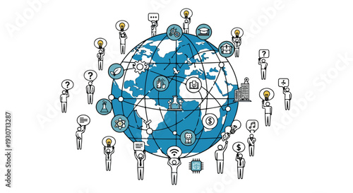 Illustration of a blue globe surrounded by diverse people icons with lightbulbs, representing innovation and creativity on World Day.