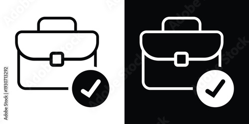Bold briefcase icon with a checkmark symbol. Represents completed business tasks, project success, approved work, and job completion. Modern black and white flat vector.