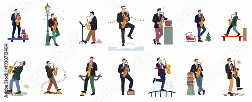 Diverse Saxophone Performers in Holiday, Urban, and Artistic Scenarios