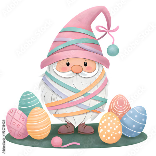 Cute easter gnome with striped beard and festive eggs on grass for spring holiday
