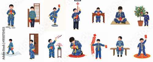 Happy Chinese New Year Boy with Red Envelopes Collection: Traditional Festive Celebrations and Cultural Traditions for Children in Various Poses