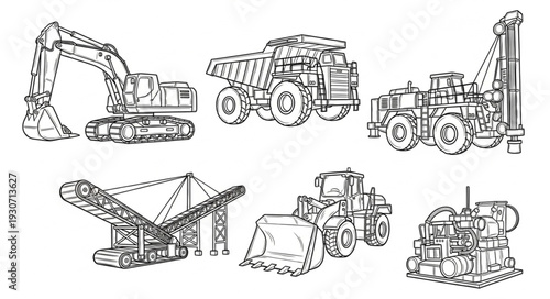Heavy Machinery Equipment Line Art Illustrations.