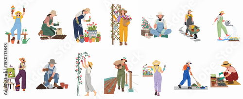 Illustrations of people performing various gardening tasks, from planting and watering to harvesting flowers and vegetables, celebrating outdoor hobby and growth.