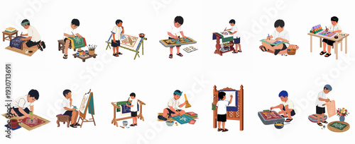 Young Boys Engaged in Traditional Asian Textile Art and Craft Activities, Learning Batik and Cultural Design Techniques in Various Poses and Settings