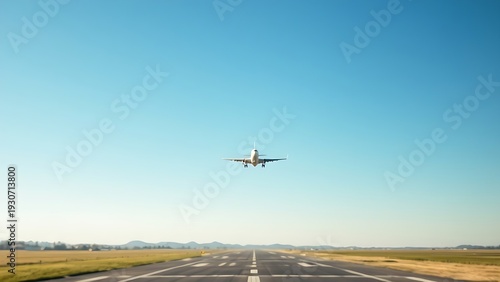 runway. A solitary airplane flying high in a clear blue sky above a softly focused airport runway. mobility guides, transit brochures, designed for mobility and urban transit guides.