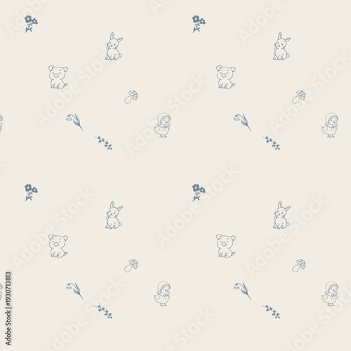 Pattern con animali della fattoria azzurri su sfondo crema