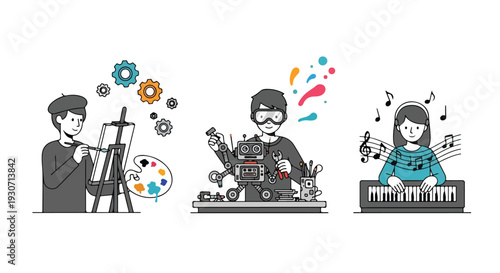 Illustration of people engaging in creative activities on World Creativity and Innovation Day with a colorful and lively mood.