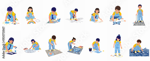 Children enjoying creative outdoor chalk drawing activities on the ground, showcasing imagination and playful learning.