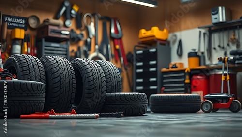 handyman. Tire and tools neatly placed on a garage floor under focused workshop lighting. mobility guides, transit brochures, designed for transport & logistics marketing, improves user orientation.