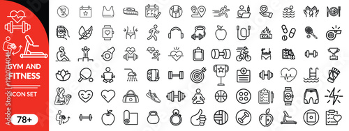 Gym and fitness icon set. Containing healthy lifestyle, weight training, body care and workout or exercise equipment icons. Solid icons vector