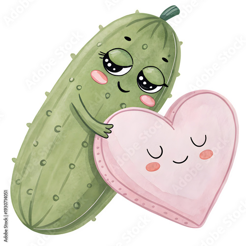 Cute cartoon cucumber character hugging a pink heart shaped pillow with closed eyes