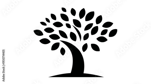 Black and white stylized tree illustration. A thick trunk leads to a leafy crown of individual leaves