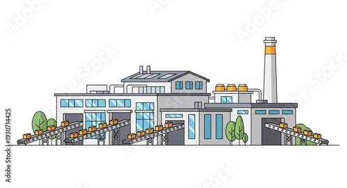 Industrial Building with Chimney and Greenery.