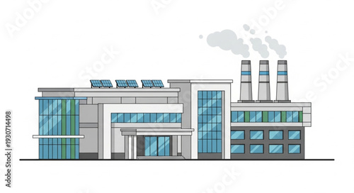 Industrial Building with Smokestacks and Glass Facade.