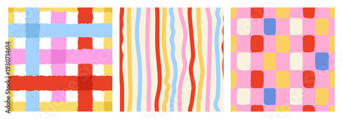Set of colorful checkered and striped seamless patterns. Festive and cute funky abstract backgrounds