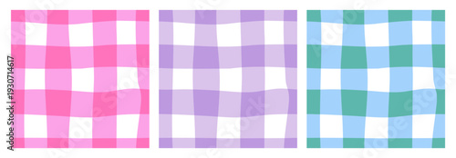 Set of colorful checkered vichy backgrounds. Vector flat seamless patterns with hand drawn gingham plaid in cute naive style