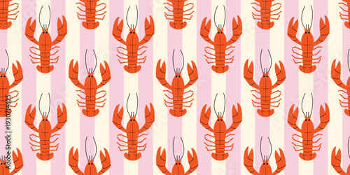 Summer seamless background with lobsters. Vector flat illustration. Striped pattern with mediterranean seafood