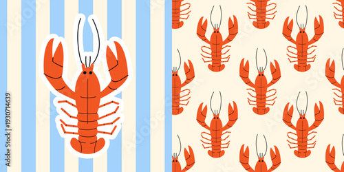 Illustration of lobster on striped background and seamless pattern. Vector flat clipart of mediterranean seafood