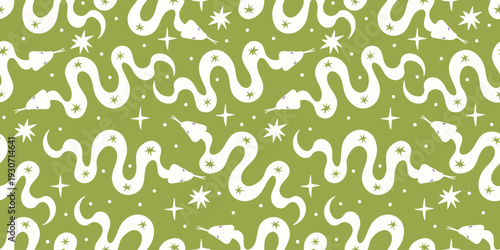 Bohemian seamless pattern with silhouettes of snakes and stars. Mystical vector flat background