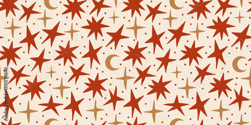 Mystical seamless pattern with hand drawn stars and crescent moon. Vector flat background