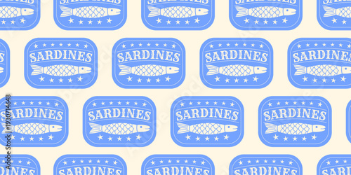 Seamless pattern with sardines fish in can. Vector flat background 