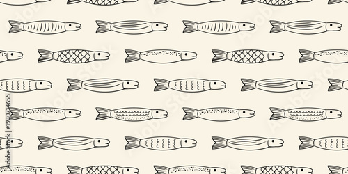 Seamless pattern with simple line fish. Vector hand drawn illustration of sardines in vintage sketch style