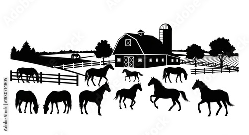 Horses Running Near Barn Illustration.