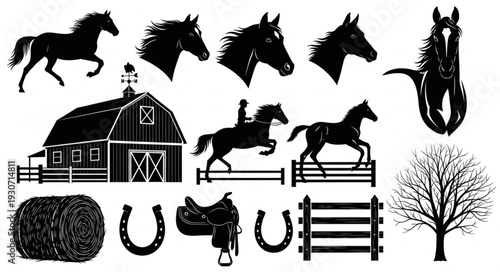 Horses and Ranch Silhouettes Illustration.