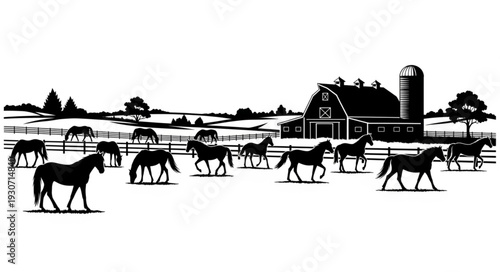 Horses Running Near Farm Barn.
