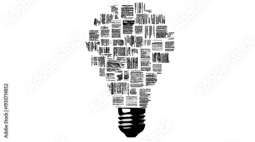 Black and white illustration of an abstracted lightbulb shape filled with seemingly random textual blocks