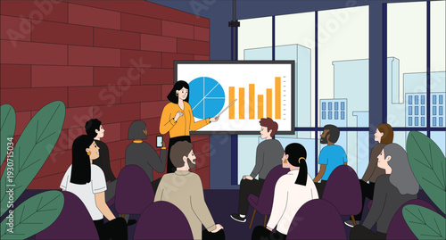 Startup founder presenting business growth strategy to audience at investor pitch event